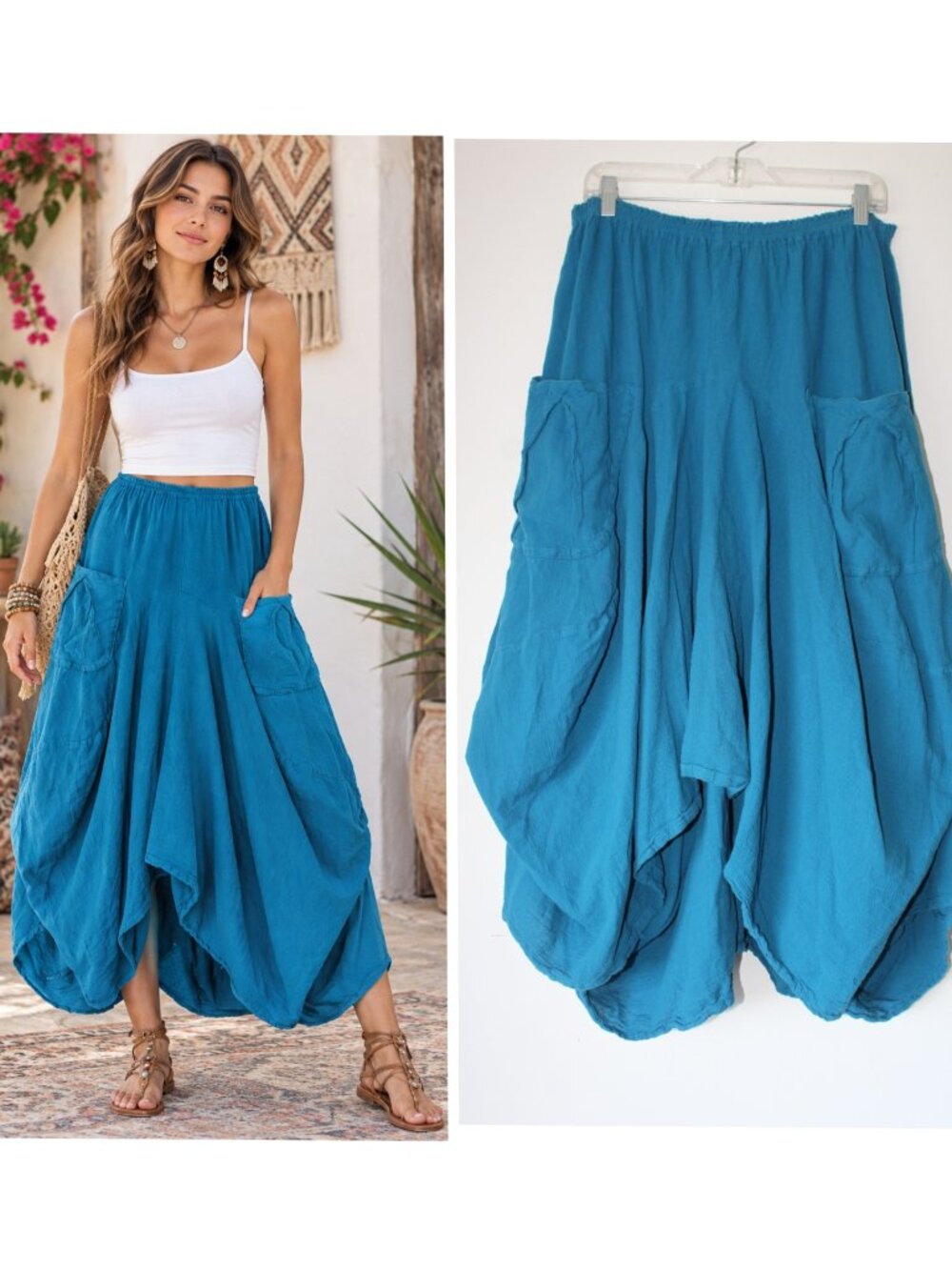 Oh My Gauze Robin Midi skirt Size 2/L-XL Cotton Baggy Turquoise Lagenlook Pocket